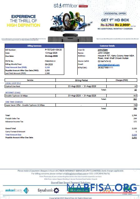 Blank Pakistan StormFiber utility bill template in Word and PDF formats